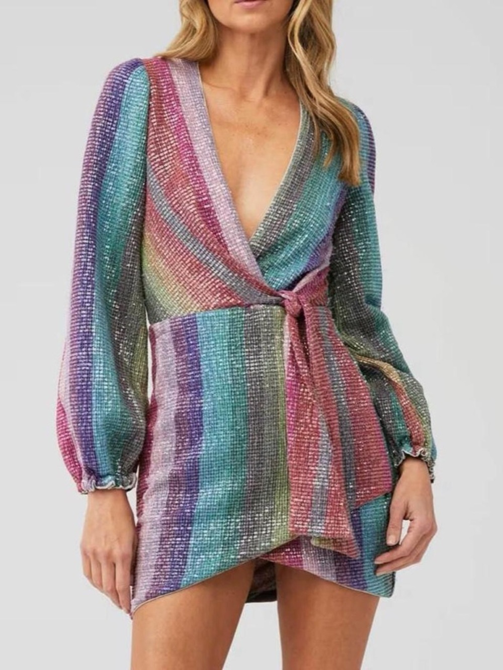 SAYLOR Multicolor Sequin Wrap Mini Dress - Pink, Purple, Blue, Green